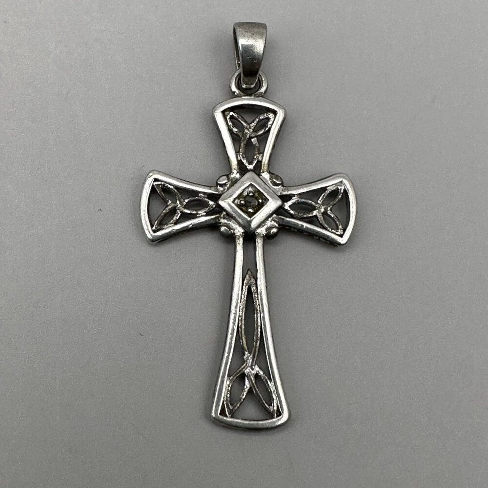 Center Diamond Celtic Trinity Knot Cross Pendant Signed RJ Sterling Silver 925